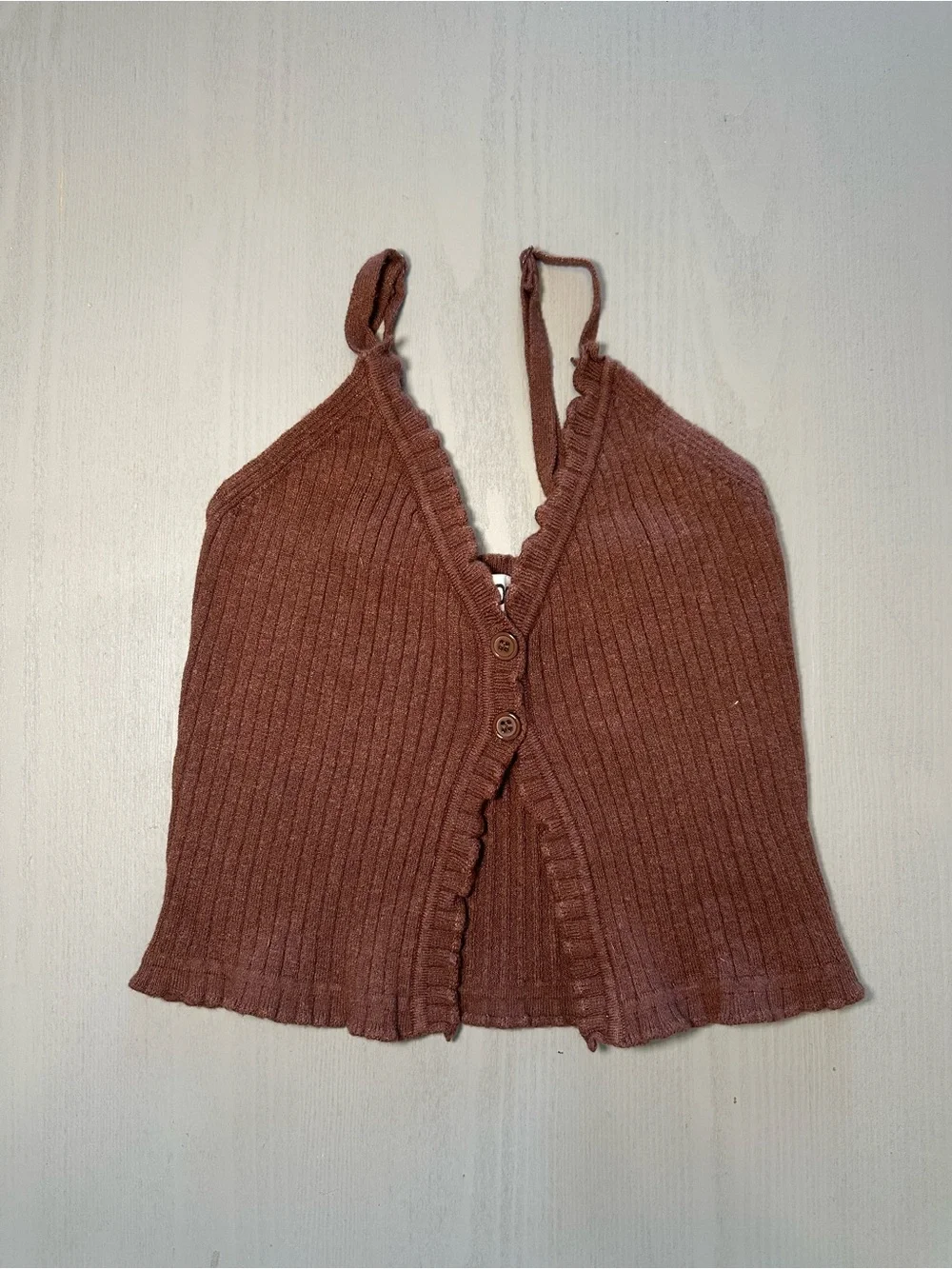 Ribbed Ruffle-Trim Button Front Tank - Rust Brown - Picture 1 of 3